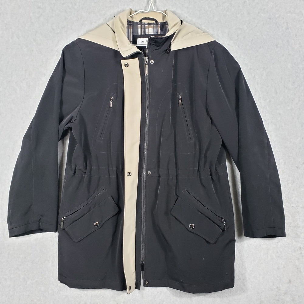 Liz Claiborne Liz Sport Womens XL Black Tan‎ Hooded Anorak Jacket Parka Utility